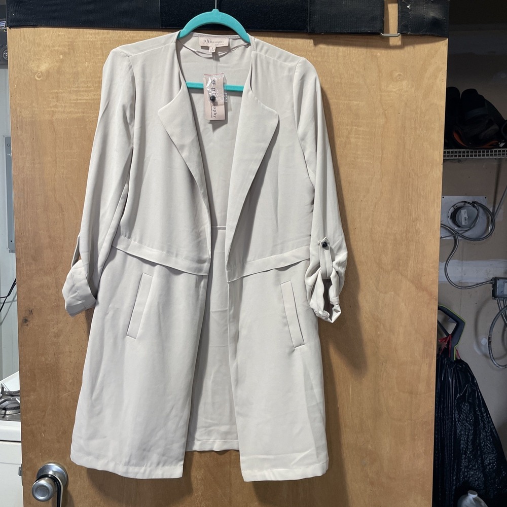 Philosophywomens Light Trench Coat Open Front‎ Roll Tab Sleeve Small NWT Taupe